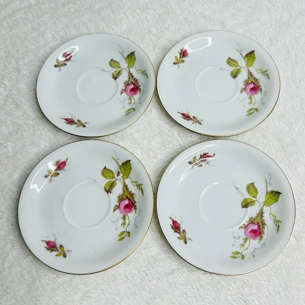 Eschenbach Bavaria Germany Moss Rose Demitasse Teacup Saucers Cream and Sugar